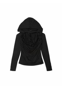 Schwarzer Langarm-Hoodie aus weichem Stoff, mit einem drapierten Halsausschnitt und einer figurbetonten Silhouette. Kordeln an der Kapuze sorgen für zusätzliche Details.