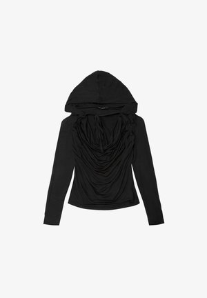 Schwarzer Langarm-Hoodie aus weichem Stoff, mit einem drapierten Halsausschnitt und einer figurbetonten Silhouette. Kordeln an der Kapuze sorgen für zusätzliche Details.