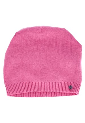 Pink knitted beanie with a ribbed cuff, smooth texture, and a small logo accent on the side. Features a simple, rounded design.