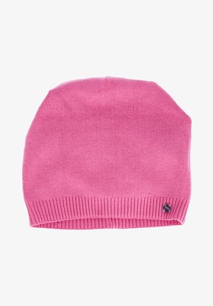 Pink knitted beanie with a ribbed cuff, smooth texture, and a small logo accent on the side. Features a simple, rounded design.