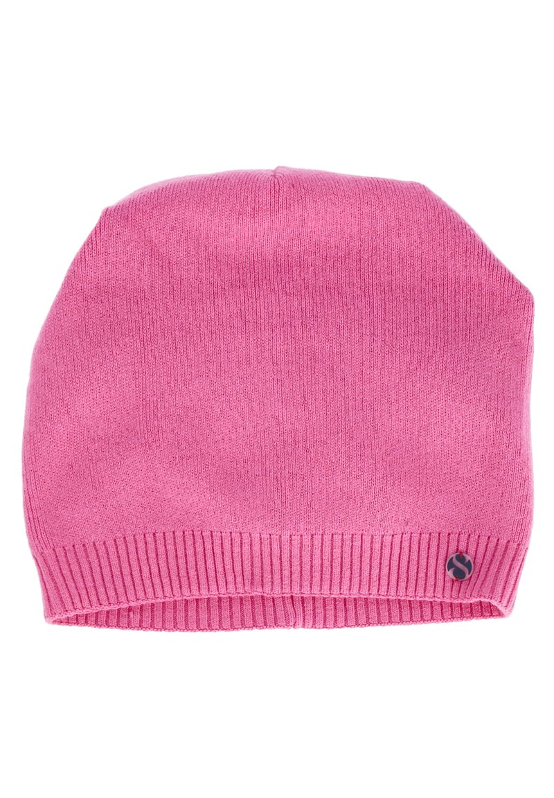 Pink knitted beanie with a ribbed cuff, smooth texture, and a small logo accent on the side. Features a simple, rounded design.