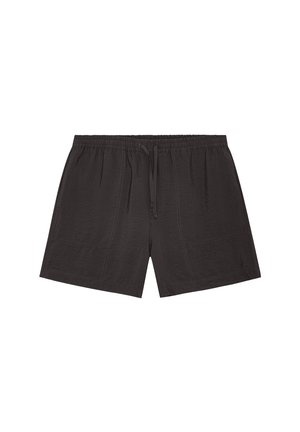 Schwarze Shorts mit elastischem Bund, vorne mit Kordelzug und sichtbaren Nahtdetails, aus leichtem Stoff.