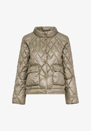 Pikowana kurtka puchowa w metalicznym kolorze taupe, miękka w dotyku, z kołnierzem składanym na płasko, zatrzaskami, dwoma przednimi kieszeniami oraz elastycznym dołem.