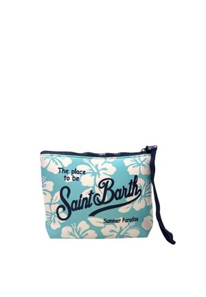 Bustina blu con zip con fiori bianchi di ibisco e testo "The place to be Saint Barth Summer Paradise", con piccolo cinturino da polso.