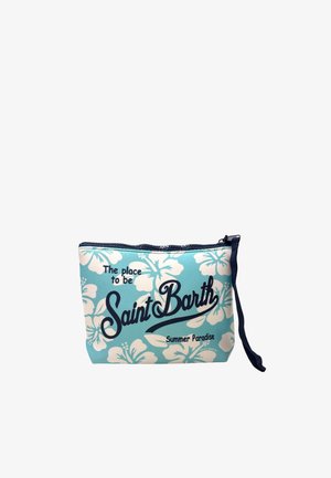 Bustina blu con zip con fiori bianchi di ibisco e testo "The place to be Saint Barth Summer Paradise", con piccolo cinturino da polso.