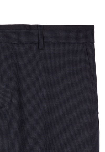 Navyblauwe broek van een gestructureerde stof, met een platte voorkant, riemlussen en twee zijzakken, met een subtiel ruitpatroon.