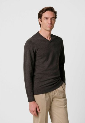 Uomo con capelli castani che indossa un maglione a scollo a V marrone scuro e pantaloni beige, in piedi davanti a uno sfondo grigio uniforme.