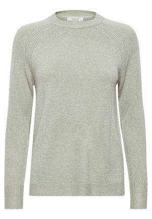 Heled roheline sveter ümmarguse kaelusega, pika varrukaga, ribaga mansettidega ja tekstuuriga kudumise mustriga. Materjal näib olevat pehme ja kergelt läikiv.