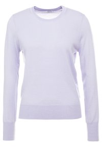 Pull à manches longues violet clair en tissu tricoté. Comprend un col rond, des poignets côtelés et un ourlet côtelé. Texture lisse.