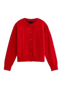 Rood gebreide cardigan, ronde halslijn, lange mouwen, 6 knopen aan de voorkant, ribgebreide manchetten en zoom, zachte textuur, cropped ontwerp.