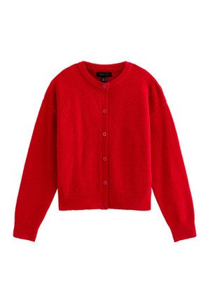 Rood gebreide cardigan, ronde halslijn, lange mouwen, 6 knopen aan de voorkant, ribgebreide manchetten en zoom, zachte textuur, cropped ontwerp.