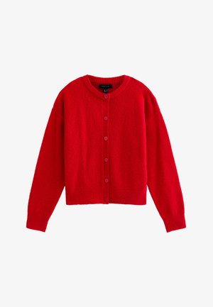 Rood gebreide cardigan, ronde halslijn, lange mouwen, 6 knopen aan de voorkant, ribgebreide manchetten en zoom, zachte textuur, cropped ontwerp.