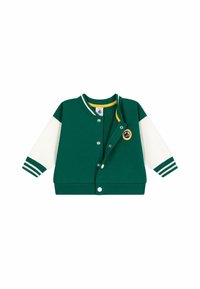 Zeleno-biely varsity kabát s cvokmi, rebrovanými manžetami a límcom so žltým lemovaním. Obsahuje vyšívané logo na hrudi.