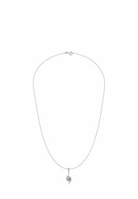 Srebrny łańcuszek z zawieszką w kształcie spirali, ozdobioną okrągłym, przezroczystym kamieniem szlachetnym. Elegancki, minimalistyczny design z gładkim wykończeniem.