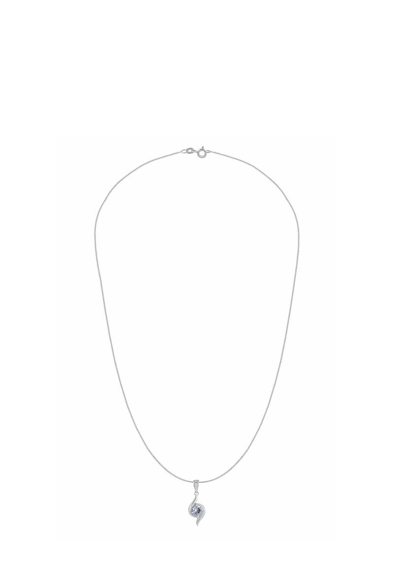 Srebrny łańcuszek z zawieszką w kształcie spirali, ozdobioną okrągłym, przezroczystym kamieniem szlachetnym. Elegancki, minimalistyczny design z gładkim wykończeniem.