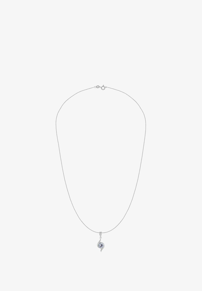 Srebrny łańcuszek z zawieszką w kształcie spirali, ozdobioną okrągłym, przezroczystym kamieniem szlachetnym. Elegancki, minimalistyczny design z gładkim wykończeniem.