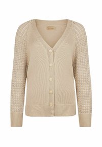 Beige kavaj med V-ringning, texturerade ärmar och knappstängning. Har en ribbad nederkant och lätt stickad tyg.