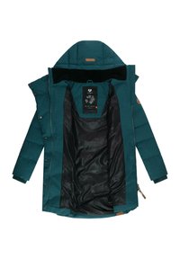 Turkusowa kurtka puchowa z kapturem, z czarną podszewką i teksturowanym materiałem. Zawiera zapięcia na zatrzaski i zamek błyskawiczny oraz metkę wewnątrz.