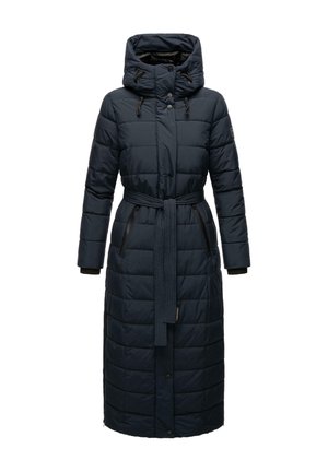 Marineblauer isolierter Langmantel mit Kapuze, tailliertem Gürtel, gestepptem Design und zwei seitlichen Taschen mit Reißverschlussdetails.