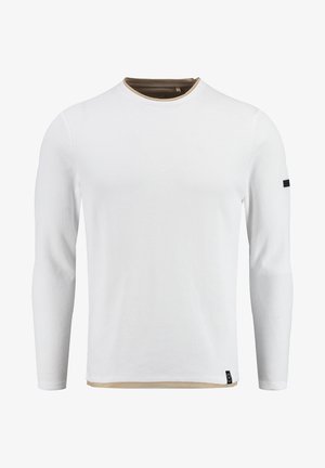 Camiseta de manga larga blanca con textura de canalé, escote redondo y un cuello interior en color marrón contraste. Cuenta con un logotipo negro en la manga.