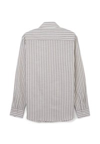 Chemise à manches longues à rayures verticales beige clair et blanches. Dispose d'un col classique, de poignets à boutons et d'un ourlet droit. Matière en coton.