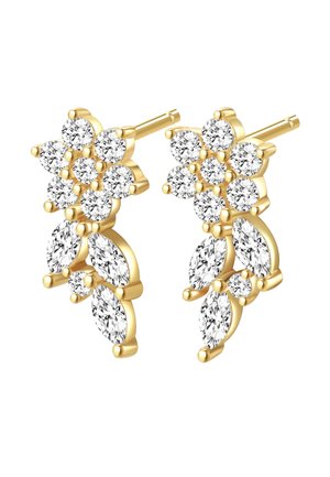 Pendientes de botón de oro con racimos de gemas transparentes cortadas en forma redonda y marquesa, dispuestas en patrones florales y de hojas.