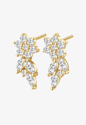 Goldene Ohrstecker mit Clustern aus runden und im Marquise-Schliff geschliffenen klaren Edelsteinen, arrangiert in Blumen- und Blattmustern.