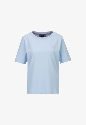 Lichtblauw T-shirt met korte mouwen en ronde hals, voorzien van een subtiel geborduurd logo op de linkerborst en een gestreepte binnennekafwerking.
