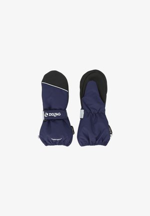 Moufles imperméables navy avec des accents noirs, des poignets élastiques et des sangles ajustables. Comprend une bande réfléchissante et un tissu texturé.