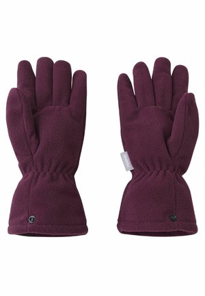 Bordeauxfarbene Fleece-Handschuhe mit einem elastischen Handgelenk, abgerundeten Fingerspitzen und einem Logotag. Die Handflächen sind glatt und haben eine weiche Oberfläche.