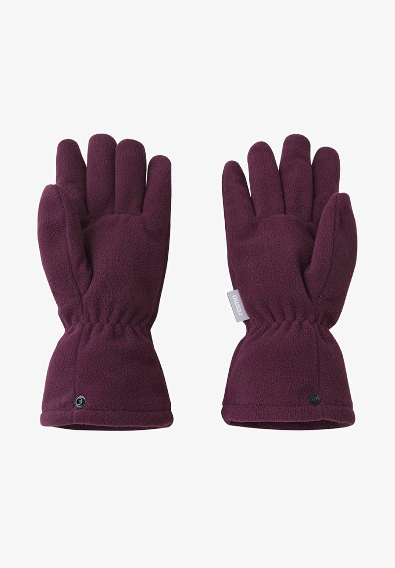 Guanti in pile mogano con polsini elastici, punte delle dita arrotondate e un'etichetta con il logo. I palmi sono lisci e presentano una texture morbida.