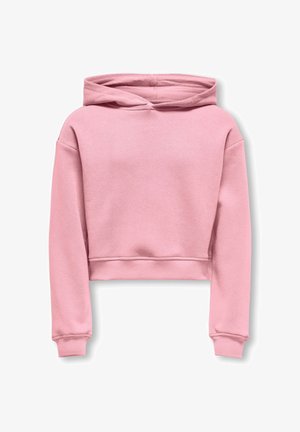 Sweat à capuche court rose clair en mélange de coton doux. Comprend une poche kangourou à l'avant, des poignets côtelés et une capuche avec cordon de serrage.