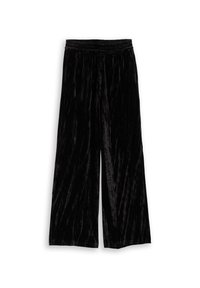 Pantalon large en velours noir avec taille élastiquée, coupe décontractée et tissu doux texturé.