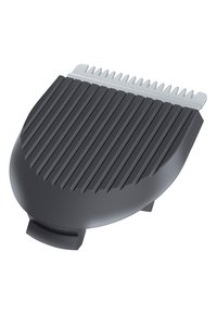 Sort plastik frisørklipper vedhæftning med en rillede overflade og en sølvfarvet skæreblaa på toppen. Har en buet form for ergonomisk brug.