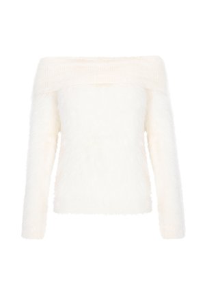 Off-white off-shoulder trui met lange fuzzy mouwen, geribbelde halslijn en een zachte textuur. Casual ontwerp dat geschikt is voor layering.