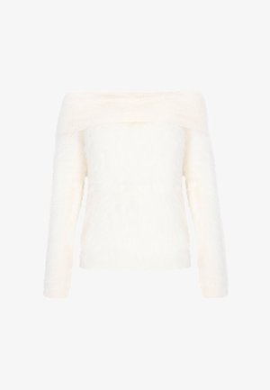 Maglione color avorio a spalle scoperte con maniche lunghe e pelose, scollatura a coste e texture morbida. Design casual adatto per essere indossato a strati.