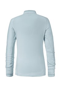 Hellblaues langärmeliges Hemd mit hohem Kragen, strukturiertem Stoff, taillierter Passform und gerafften Akzenten an den Ärmeln.