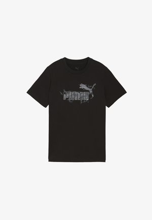 Zwart T-shirt met korte mouwen met grijze tekst "Puma" en een springende puma-logo in het midden van de borst.