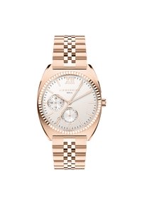 Montre ronde en or rose avec un cadran argenté, deux sous-cadrans et une lunette cannelée. Bracelet en maillons en or rose. Marque : Liebeskind Berlin.