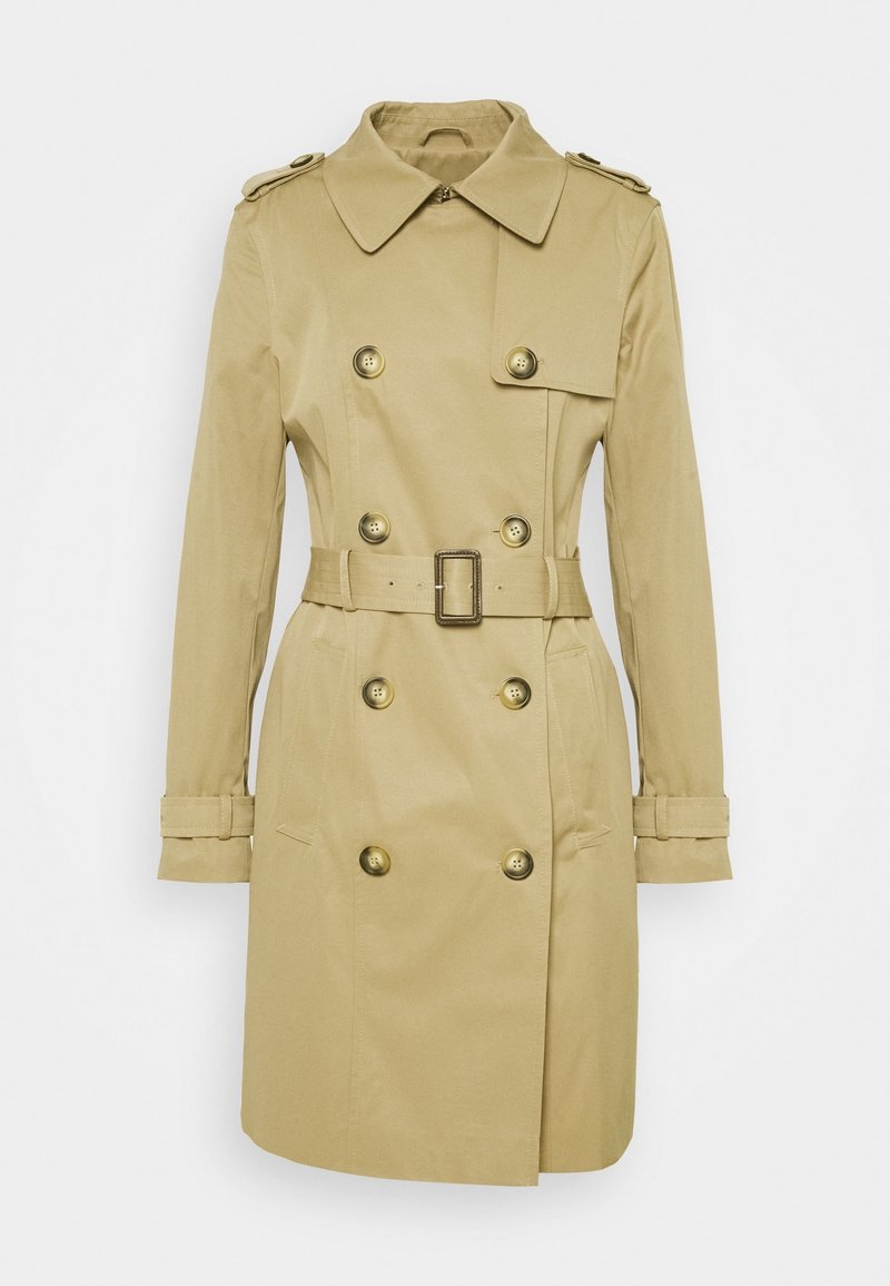 Trench-coat beige croisé avec ceinture, col, pattes d'épaule, poignets boutonnés et poches avant.