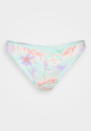 Mentazöld virágmintás bikini alsó, rózsaszín és lila trópusi levél- és virágmintákkal. Puha, stretch anyagból készült, amely jól illeszkedik.