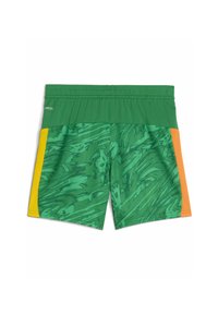 Bañador verde con un patrón marmoleado, con paneles laterales en amarillo y naranja y una cinturilla elástica. Fabricado con material que absorbe la humedad.