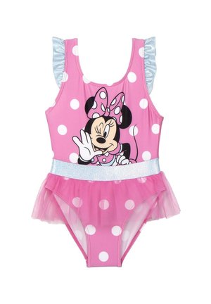 Maillot de bain une pièce rose avec des pois blancs, présentant un graphisme de Minnie Mouse. Comprend des manches bleues à volants et une jupe en tulle comme accent.