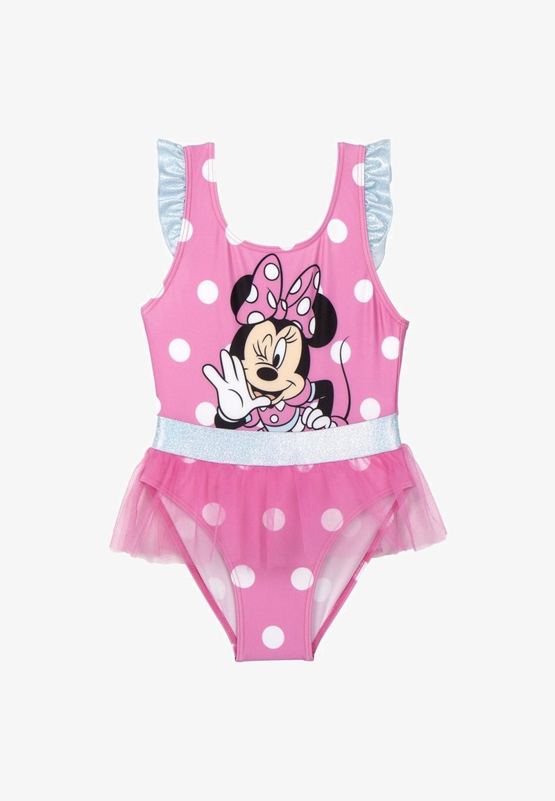 Maillot de bain une pièce rose avec des pois blancs, présentant un graphisme de Minnie Mouse. Comprend des manches bleues à volants et une jupe en tulle comme accent.