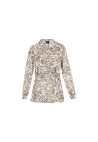 Bluzka z długim rękawem w kolorze kremowym z czarnym wzorem paisley, z kołnierzykiem, zapięciem na guziki i dopasowaną talią. Gładka faktura materiału.