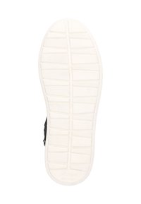 Witte rubberen schoenzool met een getextureerd rasterpatroon, met een lichte kromming bij de neus en een reliëflogo. Donkere bovenkant is niet zichtbaar.