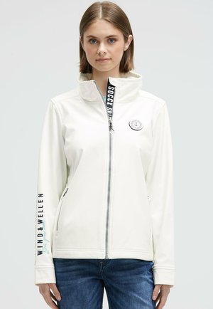 Weiße Zip-Jacke mit hohem Kragen, mit Logodetail und Text an den Ärmeln. Aus glattem Stoff gefertigt, für Komfort und Passform entworfen.