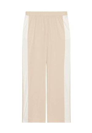 Beiget leveälahkeiset housut, joissa valkoiset sivupaneelit ja joustava vyötärönauha, esillä valkoisella taustalla.