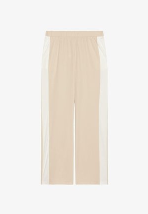 Beige Hosen mit weitem Bein, weißen Seitenstreifen und elastischem Bund, auf weißem Hintergrund dargestellt.