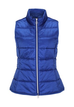 Blaues gepolstertes Weste mit hohem Kragen, Frontreißverschluss und horizontalen Steppabschnitten. Glatte Textur und taillierte Silhouette für Wärme.